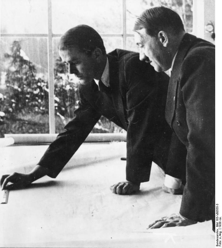 Adolf Hitler and Albert Speer working on architectural plans in Bechstein house on the Obersalzberg 